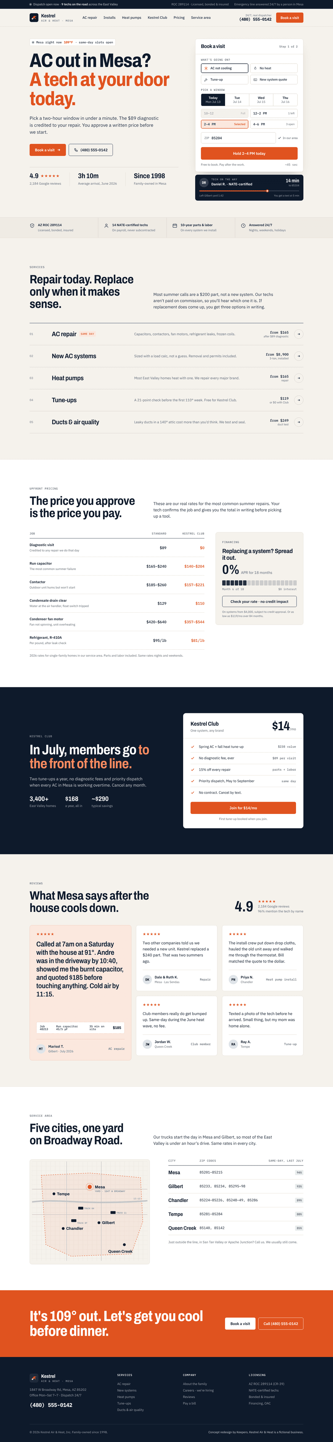 Kestrel Air & Heat: Redesigned homepage, desktop