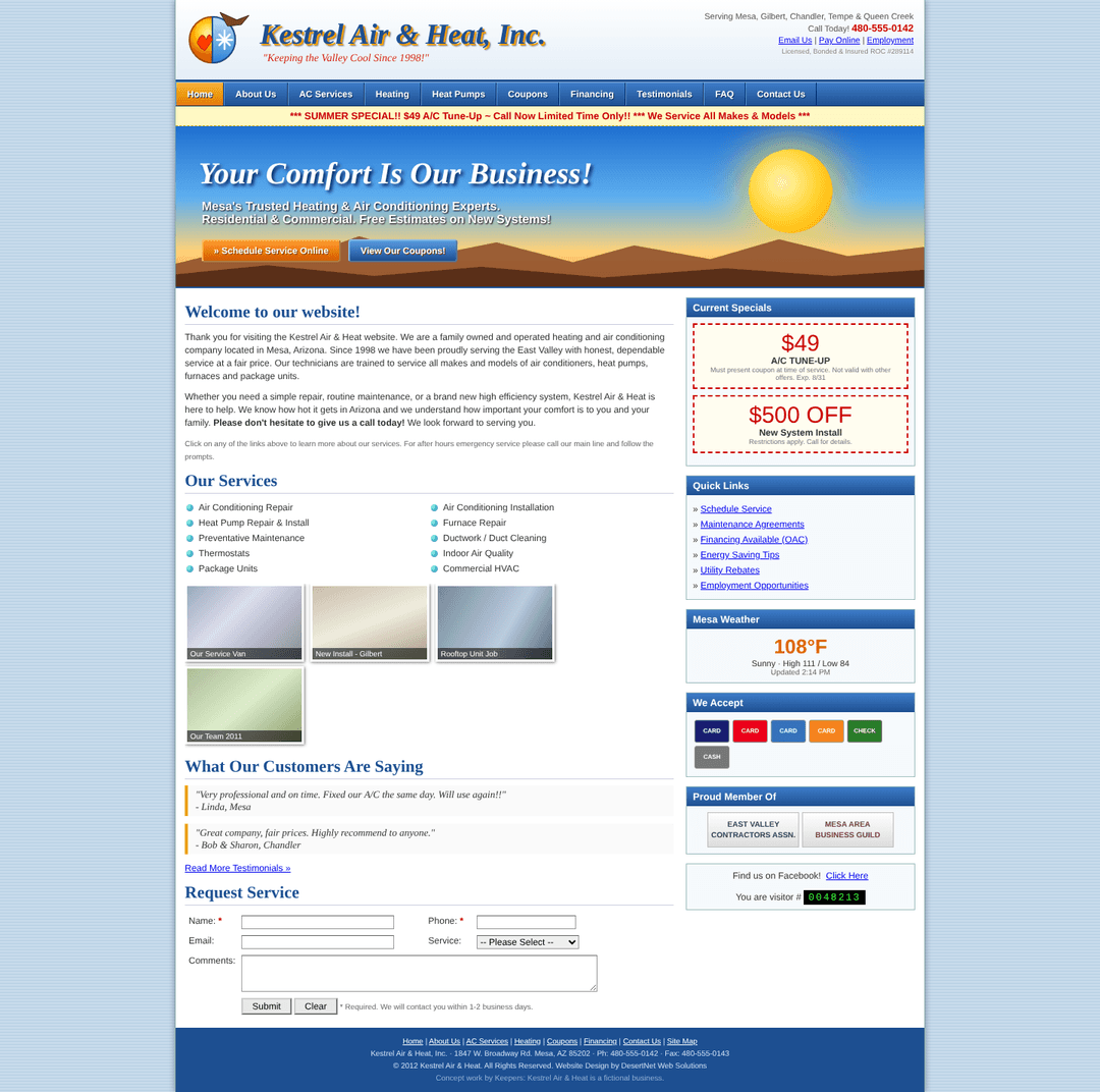 Kestrel Air & Heat: Original homepage, desktop
