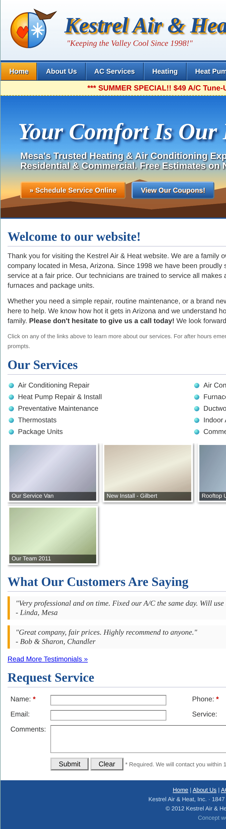 Kestrel Air & Heat: Original homepage on a phone (390px)