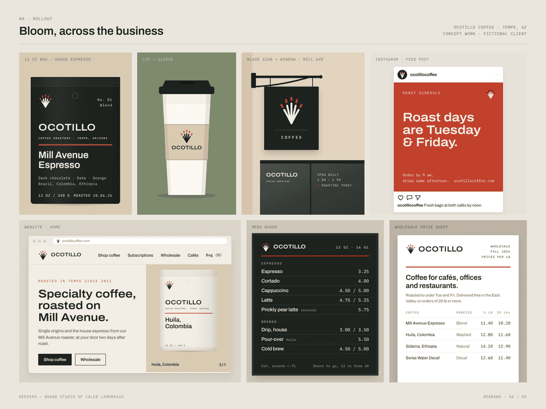 Ocotillo Coffee: Rollout: bag, cup, sign, menu, social, web, wholesale