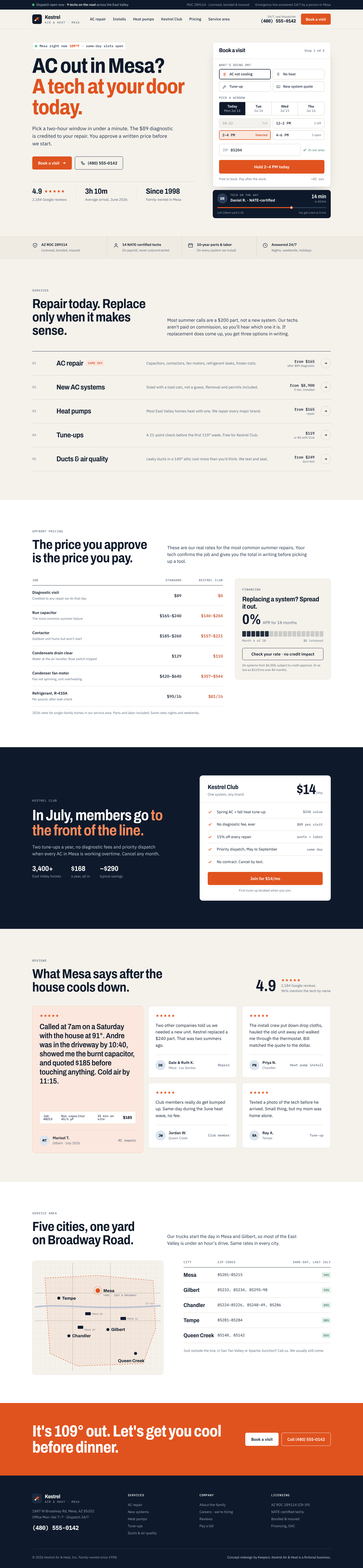 Kestrel Air & Heat redesigned homepage, full page, concept