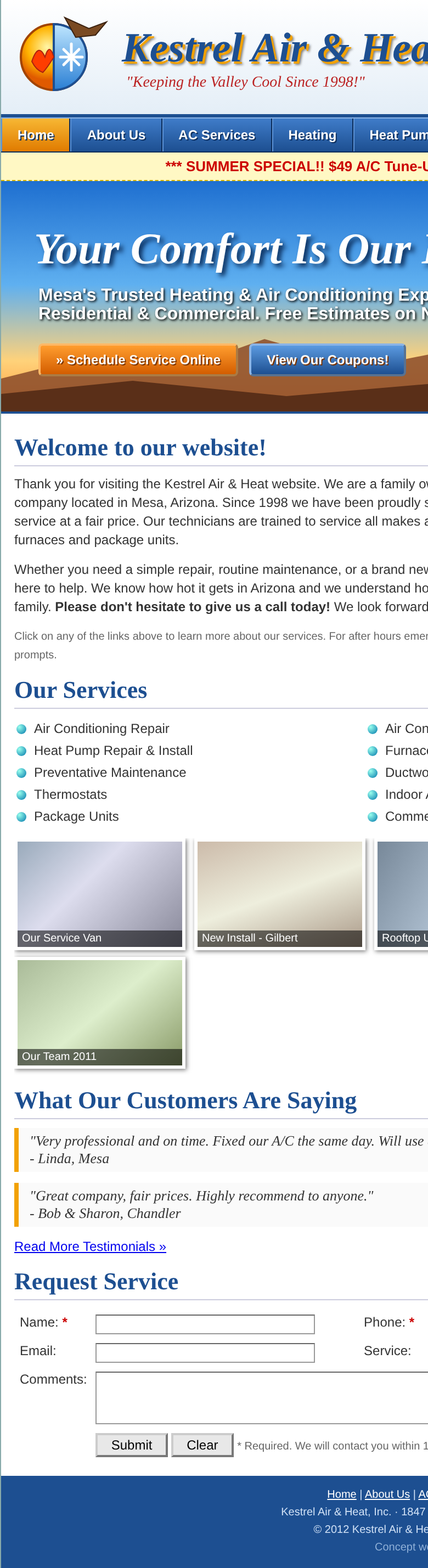 Kestrel Air & Heat: Original homepage on a phone (390px)